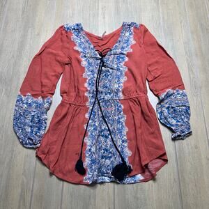 Free People Boho Peasant Top Small Rust Blue Paisley Tie Front Long Sleeve